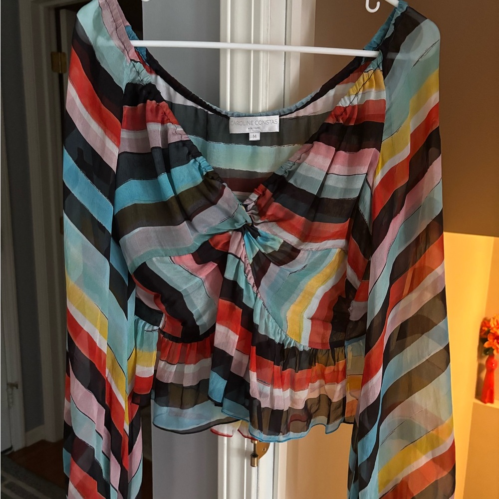 Caroline Constas Onira Silk Rainbow Balloon Sleeve Crop Blouse